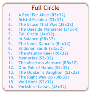 Full Circle  1.	A Reel For Alice (R5x32) 2.	Bristol Fashion (S3x32) 3.	The Bruce That Was (J8x32) 4.	The Deeside Wanderer (S1x64) 5.	Full Circle (J4x32) 6.	In Balance (R8x32) 7.	The Innes Dancers (R4x32) 8.	Kildonan Sands (S3x32) 9.	The Maunby Reel (R8x32) 10.	Memories (S3x32) 11.	The Morrison Measure (R5x32) 12.	One Pair of Hands (S4x32) 13.	The Quaker’s Daughter (S3x32) 14.	The Right Way Up (J8x32) 15.	Well Kent (S3x32) 16.	Yorkshire Lasses (J8x32)