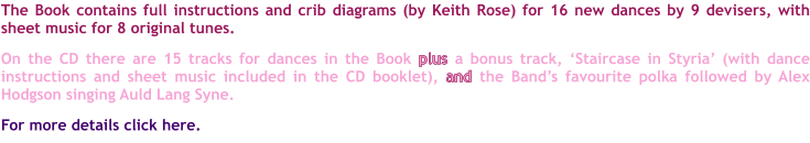 The Book contains full instructions and crib diagrams (by Keith Rose) for 16 new dances by 9 devisers, with sheet music for 8 original tunes.  On the CD there are 15 tracks for dances in the Book plus a bonus track, ‘Staircase in Styria’ (with dance instructions and sheet music included in the CD booklet), and the Band’s favourite polka followed by Alex Hodgson singing Auld Lang Syne.  For more details click here.