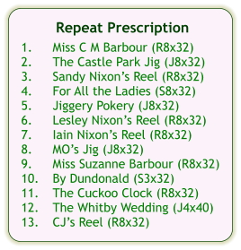 Repeat Prescription  1.	Miss C M Barbour (R8x32) 2.	The Castle Park Jig (J8x32) 3.	Sandy Nixons Reel (R8x32) 4.	For All the Ladies (S8x32) 5.	Jiggery Pokery (J8x32) 6.	Lesley Nixons Reel (R8x32) 7.	Iain Nixons Reel (R8x32) 8.	MOs Jig (J8x32) 9.	Miss Suzanne Barbour (R8x32) 10.	By Dundonald (S3x32) 11.	The Cuckoo Clock (R8x32) 12.	The Whitby Wedding (J4x40) 13.	CJs Reel (R8x32)
