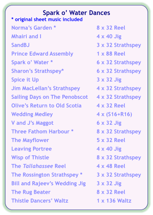 Spark o Water Dances * original sheet music included  Normas Garden *	8 x 32 Reel  Mhairi and I	4 x 40 Jig  SandBJ	3 x 32 Strathspey  Prince Edward Assembly	1 x 88 Reel  Spark o Water *	6 x 32 Strathspey  Sharons Strathspey*	6 x 32 Strathspey  Spice it Up	3 x 32 Jig	  Jim MacLellans Strathspey	4 x 32 Strathspey  Sailing Days on The Penobscot	4 x 32 Strathspey  Olives Return to Old Scotia	4 x 32 Reel  Wedding Medley	4 x (S16+R16)  V and Js Maggot	6 x 32 Jig  Three Fathom Harbour *	8 x 32 Strathspey  The Mayflower	5 x 32 Reel  Leaving Portree	4 x 40 Jig  Wisp of Thistle	8 x 32 Strathspey  The Tallahassee Reel	4 x 48 Reel  The Rossington Strathspey *	3 x 32 Strathspey  Bill and Rajeevs Wedding Jig	3 x 32 Jig  The Rug Beater	8 x 32 Reel  Thistle Dancers Waltz	1 x 136 Waltz