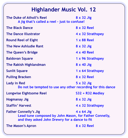 Highlander Music Vol. 12  The Duke of Atholls Reel	8 x 32 Jig A jig thats called a reel - just to confuse!  The Black Dance	8 x 32 Reel  The Dance Illustrator	4 x 32 Strathspey  Round Reel of Eight	1 x 88 Reel  The New Ashludie Rant	8 x 32 Jig  The Queens Bridge	4 x 40 Reel	  Baldovan Square	1 x 96 Strathspey  The Rakish Highlandman	8 x 40 Jig  Sunlit Square	1 x 64 Strathspey  Pulling Bracken	8 x 32 Reel  Lady in Red	5 x 32 Jig Do not be tempted to use any other recording for this dance  Longwise Eightsome Reel	S32 + R32 Medley  Hogmanay Jig	8 x 32 Jig  Staffin Harvest	4 x 32 Strathspey  Father Connellys Jig	4 x 64 Jig Lead tune composed by John Mason, for Father Connelly, and they asked John Drewry for a dance to fit   The Masons Apron	8 x 32 Reel