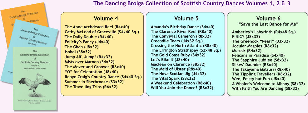 Volume 6 Save the Last Dance for Me  Amberleys Labyrinth (R4x48 Sq.) FINICY (J8x32) The Greenock Pearl (J3x32) Jocular Magpies (R8x32) Muresk (R4x32) Pelicans in Paradise (S4x40) The Sapphire Jubilee (S8x32) Silkes Daunder (R8x40) The Takayama Matsuri (R8x40) The Tippling Travellers (R8x32) Wee, Feisty but Fun (J8x40) A Whalers Welcome to Albany (S8x32) With Faith You Are Dancing (S8x32) Volume 5  Amandas Birthday Dance (S4x40) The Clarence River Reel (R8x40) The Convivial Cameron (R8x32) Crocodile Tears (J4x32 Sq.) Crossing the North Atlantic (R8x40) The Errington Strathspey (S2x48 Sq.) The Gold Coast Ruby (S4x32) Lets Bike It (J8x40) Maclean on Clarence (S8x32) The Maid of Ulster (R8x40) The Nova Scotian Jig (J4x32) The Vital Spark (S8x32) A Weekend Celebration (R8x40) Will You Join the Dance? (R8x32)  Volume 4  The Anne Archdeacn Reel (R4x40) Cathy McLeod of Graceville (S4x40 Sq.) The Daily Double (R4x40) Felicitys Fancy (J4x40) The Ghan (J8x32) Isobel (S8x32) Jump Alf, Jump! (R4x32) Mists over Maroon (S4x32) The Mover and Groover (R8x40) O for Celebration (J8x40) Robyn Craigs Country Dance (S4x40 Sq.) Summer in Sherbrooke (S3x32) The Travelling Trios (R6x32) The Dancing Brolga Collection of Scottish Country Dances Volumes 1, 2 & 3