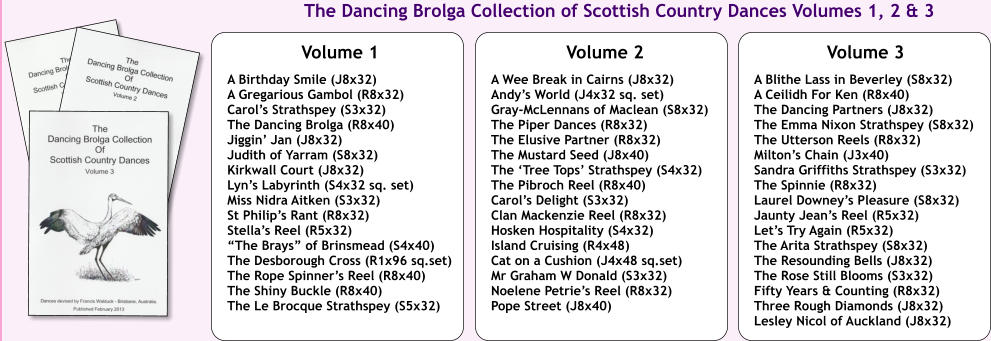 Volume 3  A Blithe Lass in Beverley (S8x32) A Ceilidh For Ken (R8x40) The Dancing Partners (J8x32) The Emma Nixon Strathspey (S8x32) The Utterson Reels (R8x32) Miltons Chain (J3x40) Sandra Griffiths Strathspey (S3x32) The Spinnie (R8x32) Laurel Downeys Pleasure (S8x32) Jaunty Jeans Reel (R5x32) Lets Try Again (R5x32) The Arita Strathspey (S8x32) The Resounding Bells (J8x32) The Rose Still Blooms (S3x32) Fifty Years & Counting (R8x32) Three Rough Diamonds (J8x32) Lesley Nicol of Auckland (J8x32) Volume 2  A Wee Break in Cairns (J8x32) Andys World (J4x32 sq. set) Gray-McLennans of Maclean (S8x32) The Piper Dances (R8x32) The Elusive Partner (R8x32) The Mustard Seed (J8x40) The Tree Tops Strathspey (S4x32) The Pibroch Reel (R8x40) Carols Delight (S3x32) Clan Mackenzie Reel (R8x32) Hosken Hospitality (S4x32) Island Cruising (R4x48) Cat on a Cushion (J4x48 sq.set) Mr Graham W Donald (S3x32) Noelene Petries Reel (R8x32) Pope Street (J8x40) Volume 1  A Birthday Smile (J8x32) A Gregarious Gambol (R8x32) Carols Strathspey (S3x32) The Dancing Brolga (R8x40) Jiggin Jan (J8x32) Judith of Yarram (S8x32) Kirkwall Court (J8x32) Lyns Labyrinth (S4x32 sq. set) Miss Nidra Aitken (S3x32) St Philips Rant (R8x32) Stellas Reel (R5x32) The Brays of Brinsmead (S4x40) The Desborough Cross (R1x96 sq.set) The Rope Spinners Reel (R8x40) The Shiny Buckle (R8x40) The Le Brocque Strathspey (S5x32) The Dancing Brolga Collection of Scottish Country Dances Volumes 1, 2 & 3